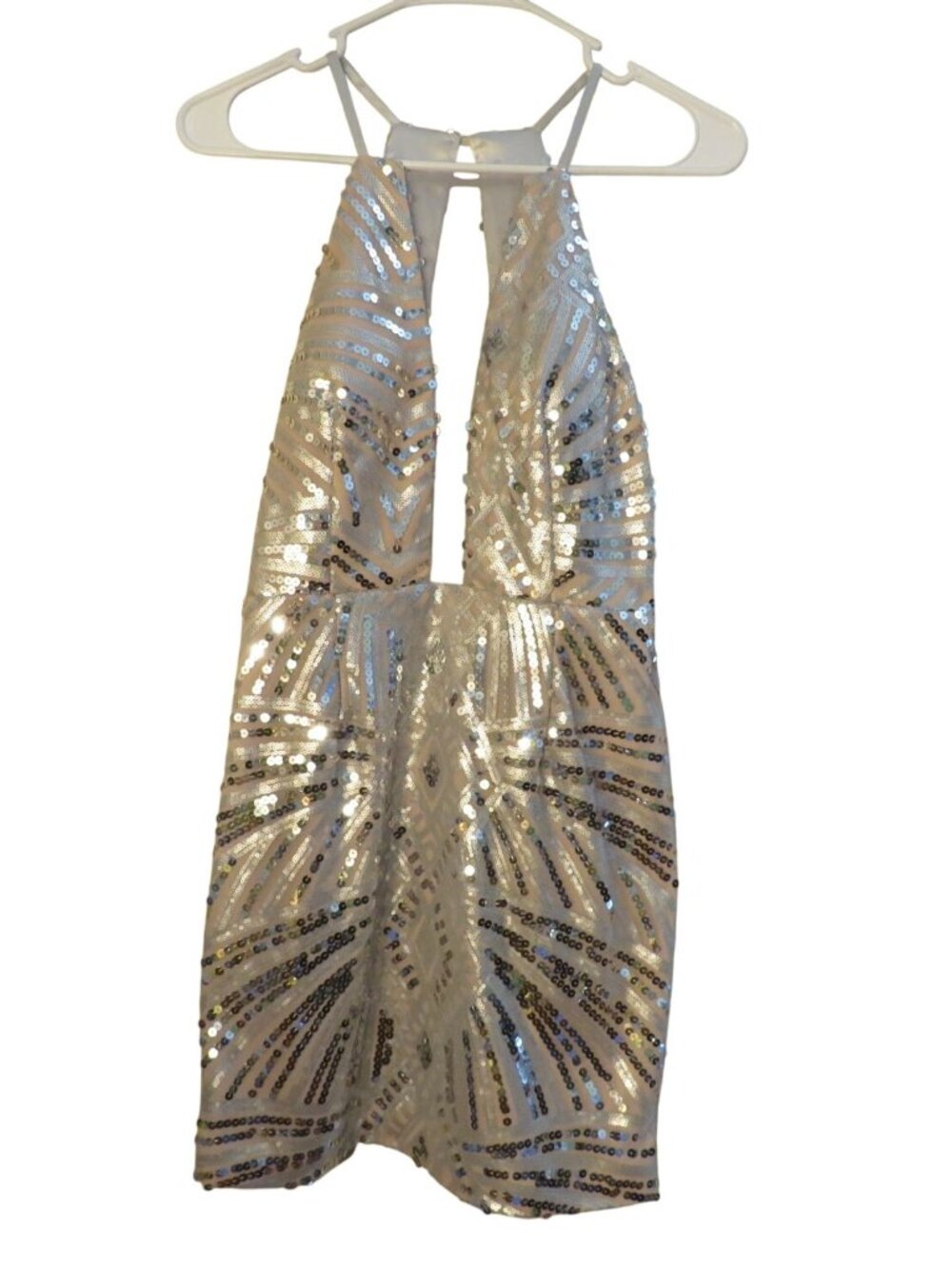 Sequin Halter Mini Dress White & Silver With Geometric Design By Dear Moon Size